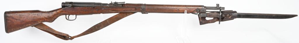 WW2 JAPAESE TYPE 99 RIFLE WITH BAYONET AND MONOPOD: SERIAL NUMBER 33611 BARREL 25-1/2" CALIBER 7.7 JAPANESE, MANUFACTURED NAGOYA ARSENAL WW2. Complete Type 99 Arisaka with original leather sling, bayonet with scabbard and frog, mono pod and full Anti-A