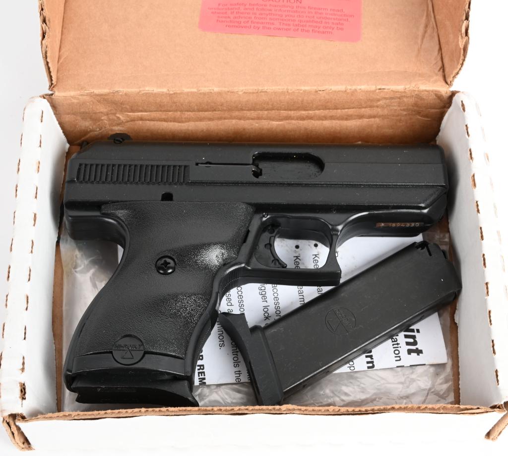 BOXED HI-POINT MODEL C9 SEMI AUTO PISTOL: SERIAL 1894830. BARREL 3.5". CALIBER 9MM. Compact semi auto with alloy frame, matte finish and two magazines. This gun has seen no use with original box. Fine bore. *