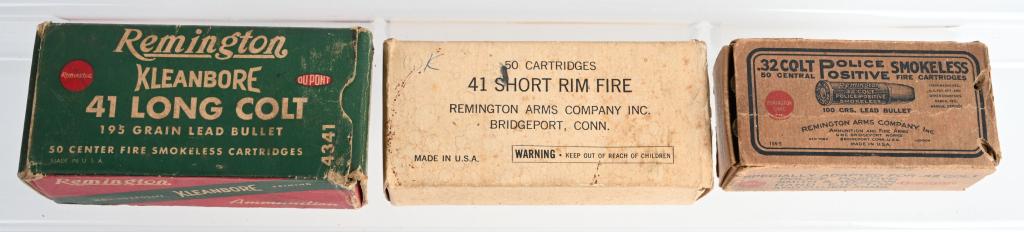 LOT (3) BOXES .41 COLT, 32 COLT, 41 SHORT RIMFIRE: 1. Red & green box .41 Colt . Full box of 50. Clean, intact. 2. Full box of 50 Remington .41 Short Rim fire for 19th century derringers. 3. Full box 50 Remington cartridges. Boxed marked " .32 Colt Po