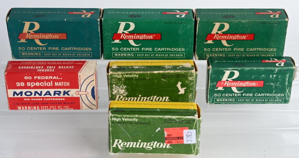 LOT (7) VINTAGE .38 & 32 FULL BOXES CARTRIDGES: Includes two full boxes , 100 rounds of Remington .32 short Colt. 2. Full box of 50 Remington .32 Long Colt. Original sticker price $45. 3. Full box of 50 Federal .38 Special Match 4. Three full boxes