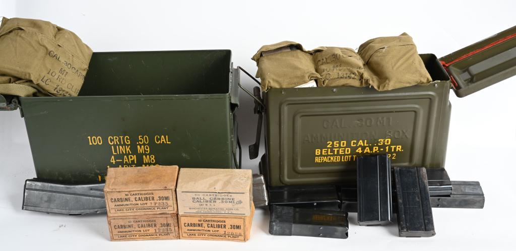 800+ ROUNDS .30 CARBINE AMMO WWII + MAGAZINES: Incredible lot of M1 Carbine ammo and magazines. Includes 10 World War II USGI boxes of M1 Carbine ammo, two nearly full bandoleers of .30 Carbine on stripper clips, 2 30-round M1 Carbine magazines, o