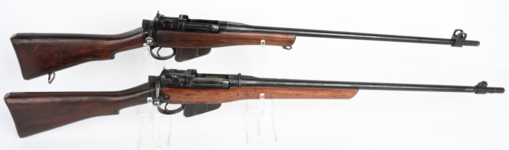 PAIR OF (2) SPORTERIZED ENFIELD RIFLES: SERIAL 29725 - 166419. BARRELS 25". CALIBER .303. One has a Savage US Property frame, the other is a No. 4, Mark 1. Both retain the original butt stock, barrel, sights and magazines. Wood cut to sport
