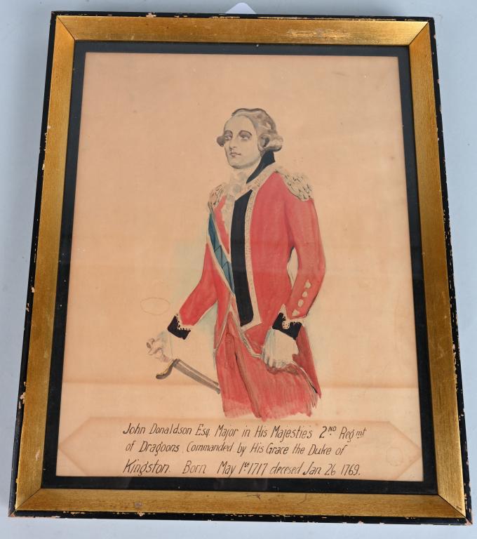 REV WAR BRITISH IDed WATER COLOR 2ND REGT DRAGOONS: Original Watercolor of John Donaldson Esq. Major in His Majesties 2nd Reg mt of Dragoons Commanded by His Grace the Duke of Kingston. Born May 1st 1717 deceased Jan. 26 1769. The artwork dates to the 