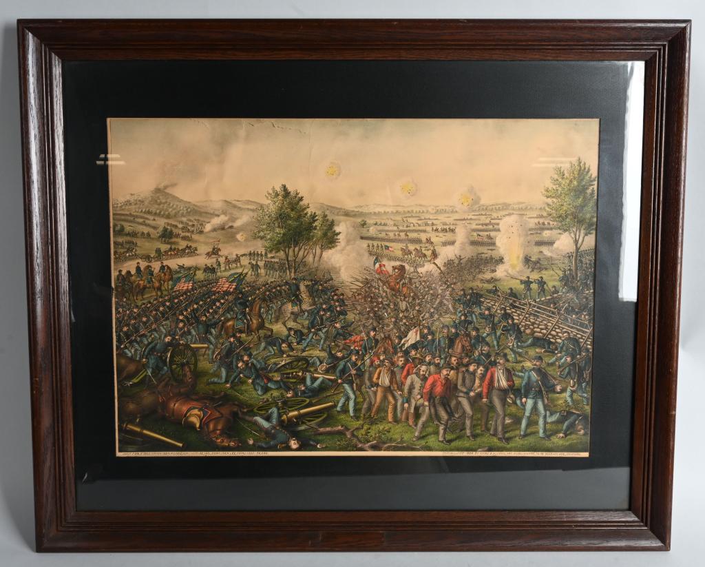 THE BATTLE OF GETTYSBURG PRINT BY KURZ & ALLAN: This battle took place over three days, July 1,2, & 3rd In 1863. The Union losses under General Meade were 23,190. The Confederate losses under General Lee were 36,000. 1884 and 1894 Kurz and Allison 