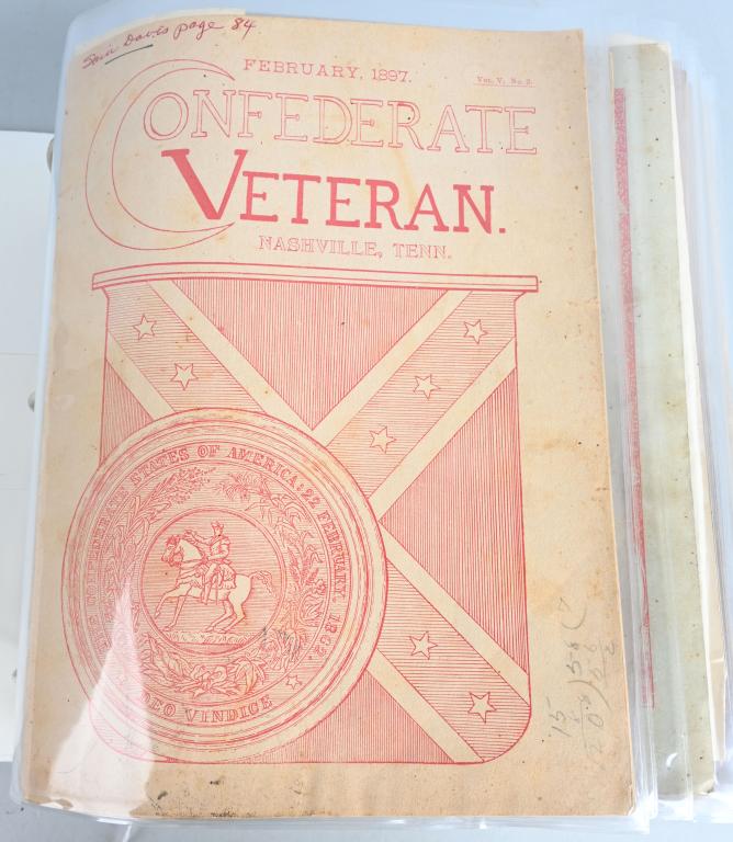 CONFEDERATE VETERAN MAGAZINES 1897-1917 LOT OF 37: Large binder of Confederate Veteran magazine including the following issues 1) Volume V Issue 2 of 1897. Cover shows the Confederate seal with Flag. 2) Volume V Issue 3 of 1897. Cover shows the Confed