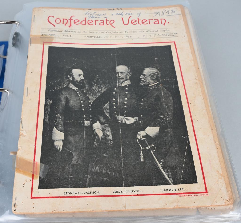 CONFEDERATE VETERAN MAGAZINES 1894-1896 LOT OF 33: Large binder of Confederate Veteran magazine including the following issues 1) Volume 1 Issue 7 of 1893. Cover shows Generals Jackson, Johnston and Lee. 2) Volume II Issue 1 of 1894 showing Generals C