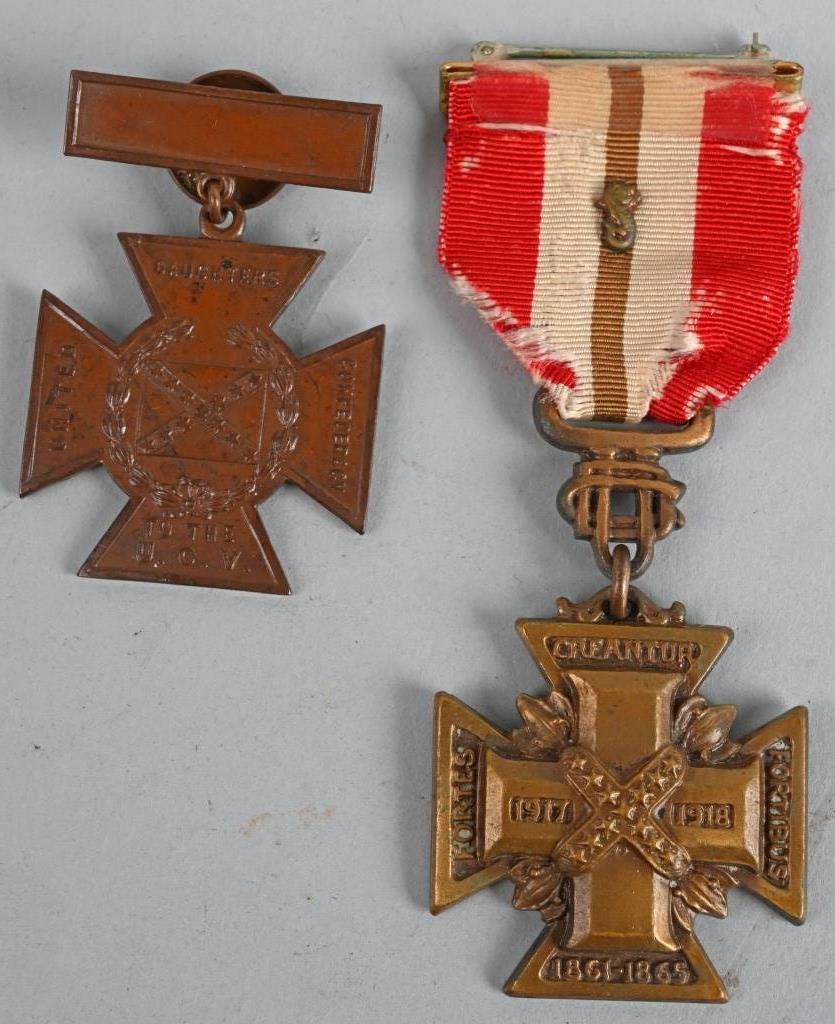 CIVIL WAR UCV CONFEDERATE MEDAL LOT NAMED CROSS: Civil War Confederate medal grouping consisting of Southern Cross of Honor by White Head & Hoag and is the button or lapel variety. 2) Cross of Military Service awarded by the United Daughters of the 