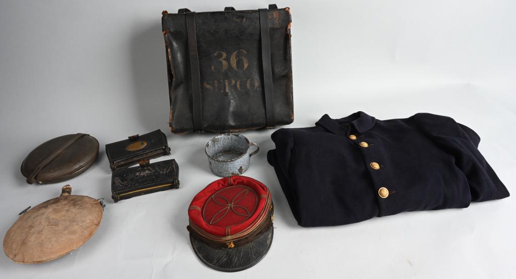 INDIAN WAR SPAN AM FIELD GEAR LOT w KEPI BACKPACK: Indian War & Spanish American War era uniform and mess gear lot including 1) 5 button sack coat with New York Sons of Veteran's buttons and is in excellent condition that is fully lined. 2) Leather Mc