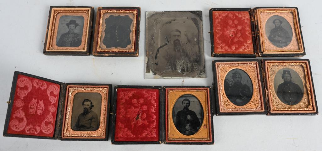 CIVIL WAR IMAGE LOT OF 8 FEDERAL SOLDIERS: Collection of Civil War hard images to include 1) Tintype of a Federal soldier wearing a shell jacket with gilded buttons measuring 2 1/2 X 3 inches. Image is very dark. 2) Cased tintype of a bearded,