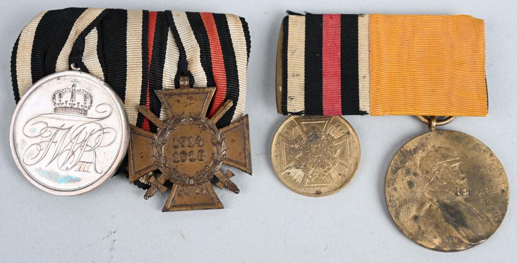 WW1 IMPERIAL GERMAN MEDAL BAR LOT OF 2 WWI 1870: Imperial German medal bar lot to include 1) Two placement medals including Prussian Military Honor Medal 2nd Class 1814. It is die struck and silver based. The obverse features features an embossed in