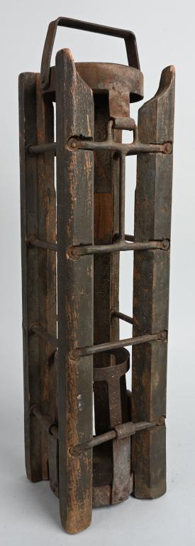 WW1 US AIR SERVICE BOMB CARRIER OR CRATE WWI: Stellar WW1 US Air Service ammunition crate used to carry an aerial bomb measuring 20 X 5 1/4 inches and being made of iron and OD green painted wood in excellent condition.