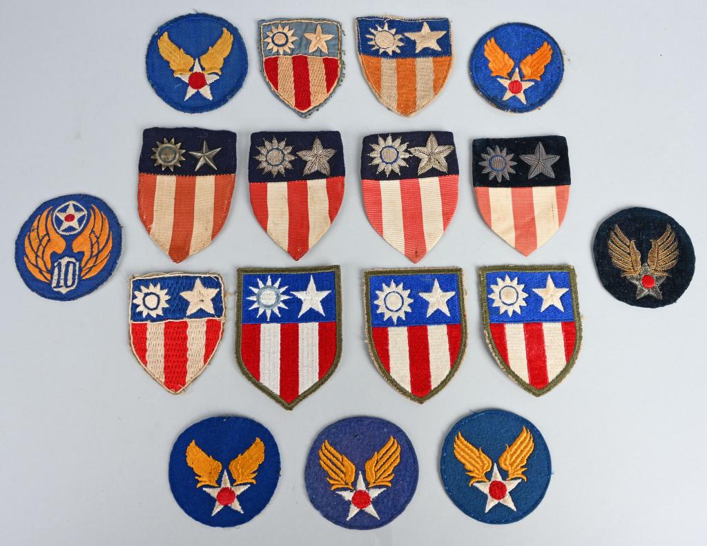 WWII THEATER MADE BULLION CBI PATCH INSIGNIA WW2: Grouping of WWII theater made CBI or China Burma India and Air Corps patches to include 1) Beautiful Metal Applied Insignia CBI patch on a multi piece red, white and blue shaped shield with tan backin
