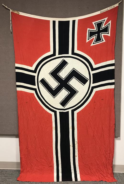 WWII NAZI GERMAN KRIEGSMARINE FLAG WW2 KM 2 X 3.35: Second pattern, (Circa 1937/38-1945), two piece, dual sided, printed cotton/linen construction national war flag. The flag features a red base field with a central white/black/white/black bordered whi
