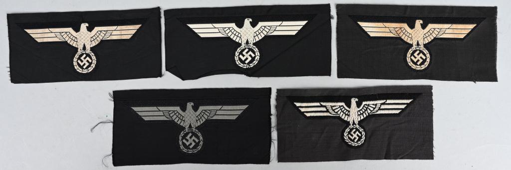 WWII NAZI GERMAN PANZER BREAST EAGLE LOT OF 5 WW2: PANZER EM/NCO'S M36 BREAST EAGLE LOT OF 5 (Hoheitsabzeichen). Early, M36 pattern, machine woven national breast eagle lot of 5 with outstretched wings, clutching a wreathed, canted, swastika in it’s