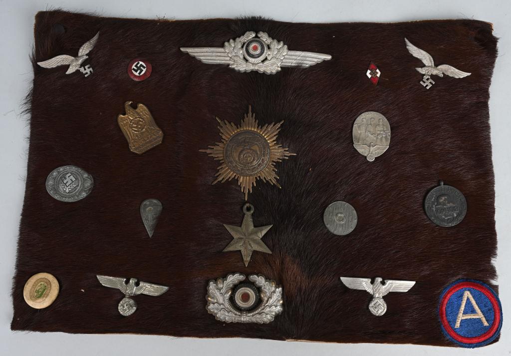 WWII NAZI SOUVENIR INSIGNIA LOT SA SS NSDAP BADGES: WWII GI assembled souvenir of medals pins and badges and have been mounted on a horse hair backpack section. Pins to include two Luftwaffe 2nd model cap eagles, Luftwaffe enlisted cap wreath, NSDAP pa