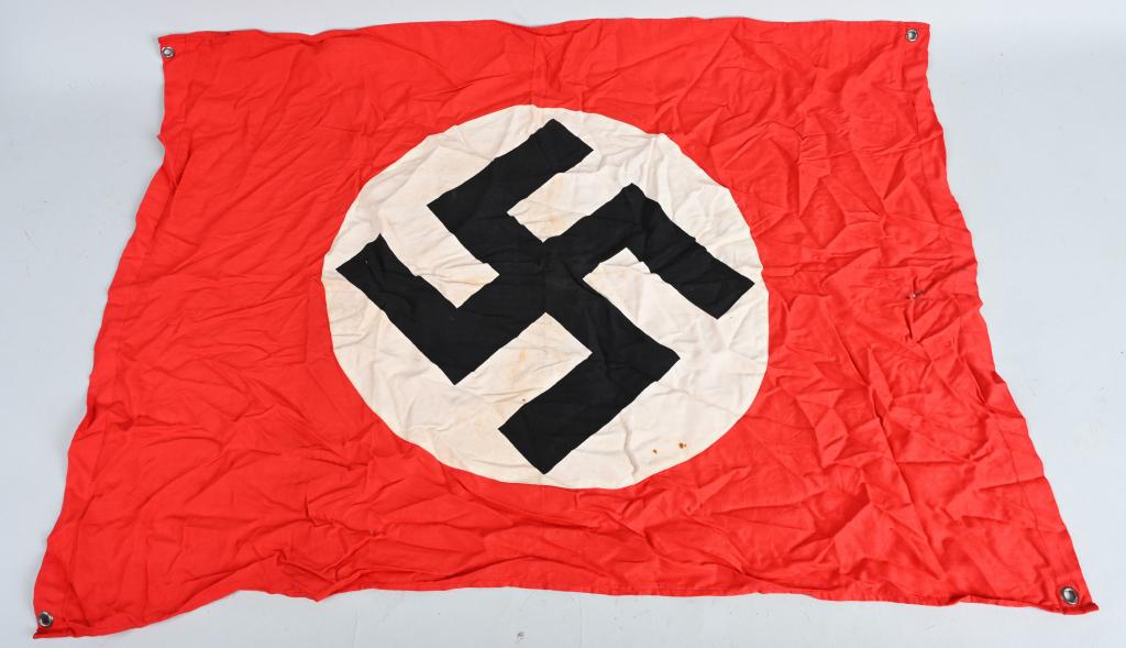 WWII NAZI GERMAN NSDAP ID VEHICLE FLAG WW2: Multi-piece cotton construction banner approximately 37 x 28 inches. To both its red fields are sewn an white disks with a printed mobile swastikas in black. Shows the expected period use and wear but