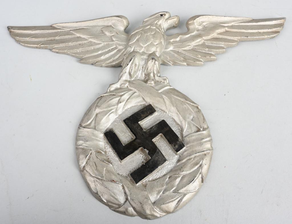 WWII NAZI GERMAN CAST STEEL EAGLE: Steel cast Nazi eagle & swastika wall hanging. Marked on the back "Alleinhersteller" and "J. Kaiser & Co. Uckermunde." Measures approximately 14" x 10". Very Good - Excellent