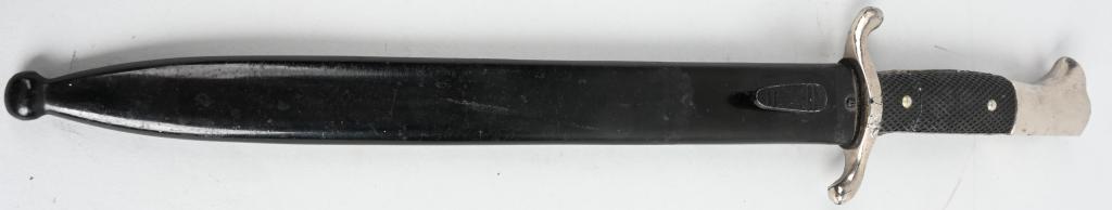 WWII NAZI GERMAN FIREMAN'S BAYONET & SCABBARD: Unsigned Fireman's Bayonet with scabbard with "S" curve cross guard. Chrome over zinc fittings at the handle. Zinc has become corroded and cracked grips. Good