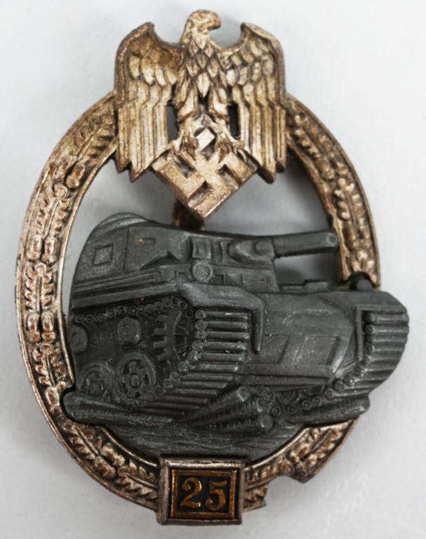 WWII NAZI GERMAN ARMY 25 PANZER ASSAULT BADGE WW2: Large, roughly, 2 1/2" (6.3 cm) tall 1 3/4" (4.5 cm) wide three piece die struck alloy construction scooped backed badge with silver and black finishes, is in the form of a broad vertically oval oak-l