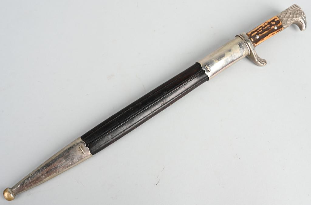 WWII NAZI GERMAN POLIZEI STAG GRIP BAYONET WW2: Early, shortened, reissued, long model, M98/05 Prussian police un-slotted dress bayonet. Roughly 33cm long, bright, nickel/silver plated, drop forged steel blade has full length fullers running off th