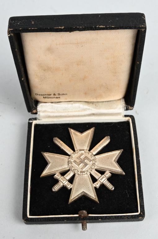WWII NAZI GERMAN WAR MERIT CROSS 1st CLASS W BOX: This cased, early scarce example has a mint frosty finish which gives it a great look. There is minor visible wear to the details. The reverse features a nickel/silver, coke bottle shaped pin, which f