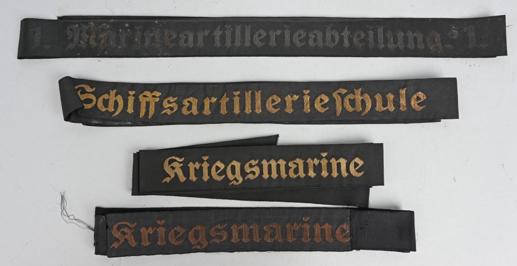 WWII NAZI GERMAN KRIEGSMARINE CAP TALLEY LOT OF 4: Lot of 4 Kriegsmarine cap tally's to include 1) KRIEGSMARINE CAP TALLEY. An early, black rayon construction cap tally featuring the machine woven Gothic script, "Kriegsmarine", in gilt flat-wire threa