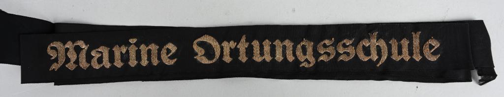 WWII NAZI GERMAN KRIEGSMARINE CAP TALLEY LOT OF 5: Lot of 4 Kriegsmarine cap tally's to include 1) MARINE ORTUNGSSCHULE. Early, black rayon construction cap tally featuring the machine woven Gothic script, "MARINE ORTUNGSSCHULE", in gilt flat-wire thr
