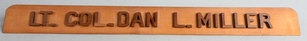 WWII US WAR CRIMES TRIAL NAME PLATE BORKUM ISLAND: WWII Name plate for Judge Lt. Col. Dan L. Miller who was a judge for the trial held at Borkum Island. The reverse of the name plate says BORKUM ISLAND TRIAL HELD AT SCHLOSS LUDWIGSBURG 6 - FEB. 1946 a