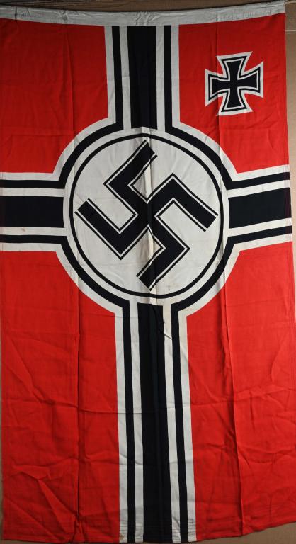 WWII NAZI GERMAN KRIEGSMARINE BATTLE FLAG 100X170: Second pattern (Circa 1937/38-1945) single piece dual sided printed cotton/linen construction national war flag. The flag features a red base field with a central white/black/white/black bordered whit