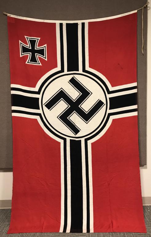 WWII NAZI GERMAN KRIEGSMARINE BATTLE FLAG 200X335: Second pattern (Circa 1937/38-1945) single piece dual sided printed cotton/linen construction national war flag. The flag features a red base field with a central white/black/white/black bordered whit