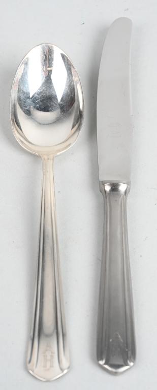 ADOLF HITLER SILVERWARE PERSONAL TABLE SERVICE: Adolf Hitler – Silverware from his Personal Table Service. Group of two pieces silverware, dinner knife and soup spoon with engraved initials “AH”. Stamped manufacturer marks WELLNER PATENT 90 4