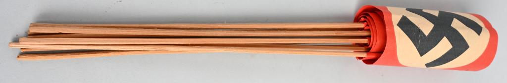 WWII NAZI GERMAN PAPER RALLY FLAGS LOT of 9 WW2: Lot of 9 WWII Nazi Rally or Parade Double Sided Paper Flags. 13-1/2"x 8-3/4" Paper Flags on wooden sticks. These were given out at Rallies and Parades. Excellent With a deep understanding of pageantry