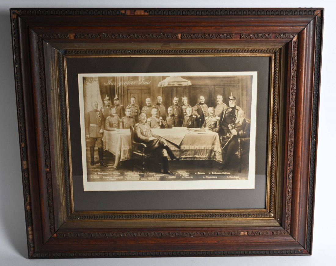 WW1 IMPERIAL GERMAN FRAMED PHOTO OF KIASER: Framed Old photograph "Aus großer Zeit" (From great times) with Kaiser Wilhelm II and "his" generals measuring 25 X 29 inches in it's wooden frame. Wilhelm II (Friedrich Wilhelm Viktor Albert; 27 Jan