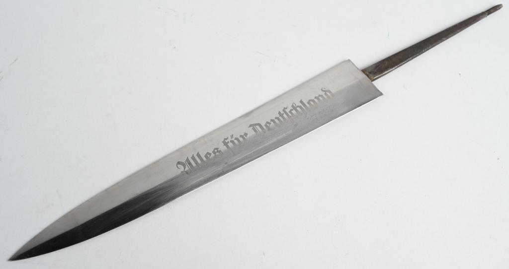 WWII NAZI GERMAN REPRO FULL ROHM INSCRIPTION WW2: Drop forged, nickel silver plated SA dagger blade. "Alles für Deutschland" (Everything for Germany) is acid etched, in Gothic script, to the obverse of the pointed blade and to the reverse In herzlic