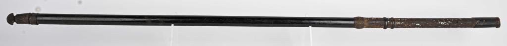 JAPANESE NAGINATA FEUDAL POLE ARM: Early Japanese pole arm measures about 55". It has an iron cap at one end and is inletted for a blade on the other. The shaft is lacquered and has been decorated with mother of pearl that has mostly f