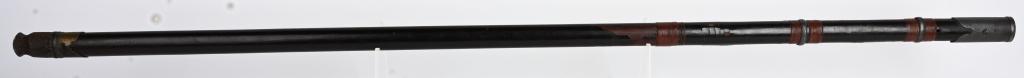 JAPANESE NAGINATA FEUDAL POLE ARM: Early Japanese pole arm measures about 54". It has an iron cap at one end and is inletted for a blade on the other. The shaft is lacquered and has some crazing and loss. Very Good