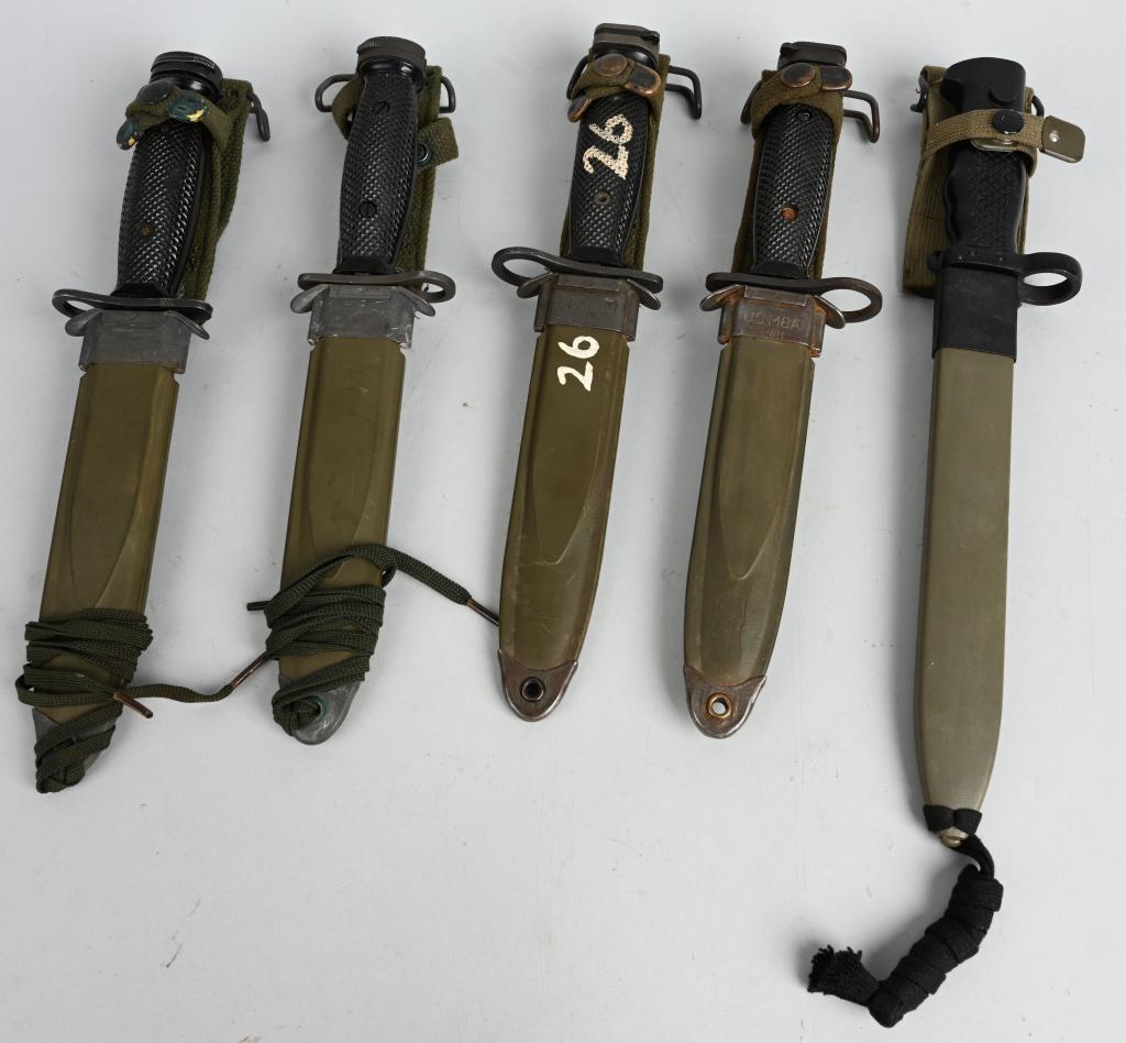 U.S. MODEL M4 M7 BAYONET LOT OF 4 w/ CETME BAYONET: A grouping of 5 bayonets to include 1) M4 crossguard marked bayonet with scabbard by CONETTA in excellent condition. 2) M4 crossguard marked bayonet and scabbard by K I in excellent near mint conditio