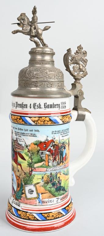 WW1 IMPERIAL GERMAN LIDDED STEIN 1ST ULAN REGT.: Imperial German lidded Regimental stein of the 1st Royal Bavarian Uhlans "Emperor William II, King of Prussia" 1906-1909. Nice colors and detailed lid depicting a mounted soldier with lance and a comp
