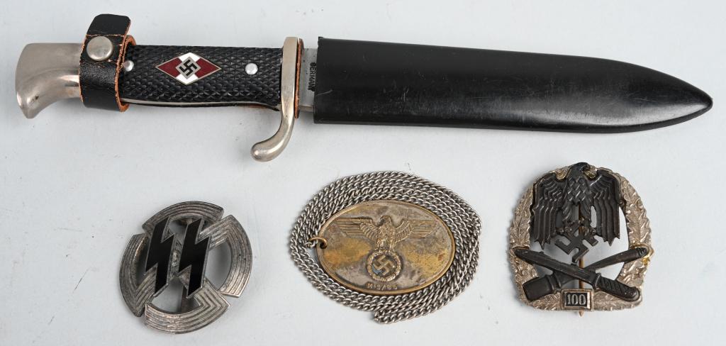 WWII NAZI GERMAN REPRO LOT OF MEDALS HJ KNIFE WW2: Reproduction lot of German WWII items to include. 1) Hitler Youth camp knife with a blade marked Solingen Germany on the obverse and PIC to the reverse. Comes complete with it's plastic scabbard. 2) I