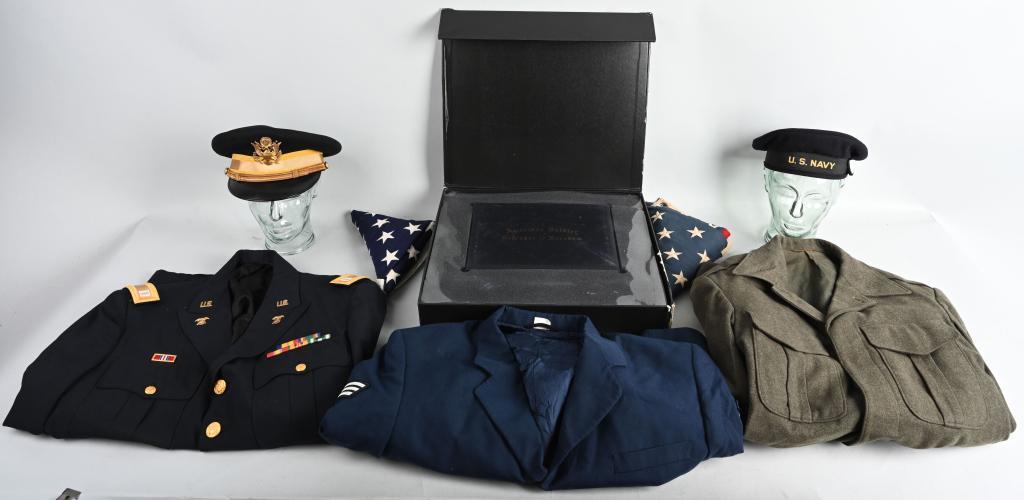 US ARMY, USMC UNIFORMS + FLAGS + MORE: Large patriotic & Militaria lot includes 2 vintage 3x5 50-star American Flags, a US Army Cavalry Officer's dress blue uniform with shoulder boards and ribbon bars (the ribbon bars on this uniform deno