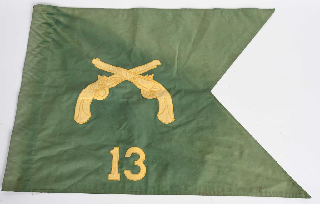 VIETNAM ERA 13TH MILITARY POLICE GUIDON FLAG: US Military issued 19 3/4 x 26 3/4 13th Military Police Guidon. Flag is double sided and made a rayon/silk material with appliqued (sewn) construction. Has some fading but otherwise excellent. Constit
