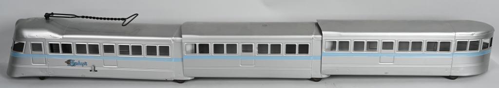 BUDDY L PRESSED STEEL ZEPHYR TRAIN: Professionally restored Buddy L Zephyr Train. Correct restoration. Nice paint and decals. Missing light bulb in front. 69" Overall Excellent