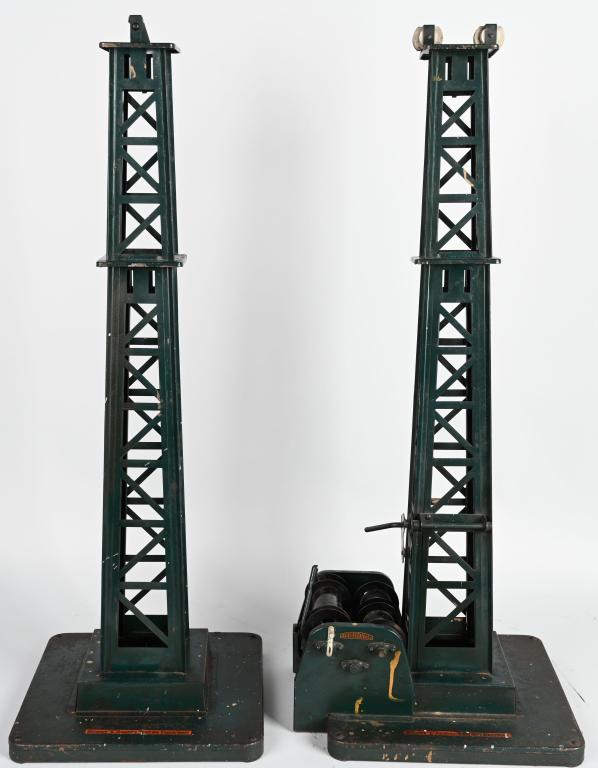 BUDDY L PRESSED STEEL AERIAL TOWER TRAMWAY: Original Buddy L Aerial Tower Tramway. Original paint and decals are in nice condition. Missing the bucket. A very rare Buddy L toy. Should clean to better grade. 33 1/2" Very Good