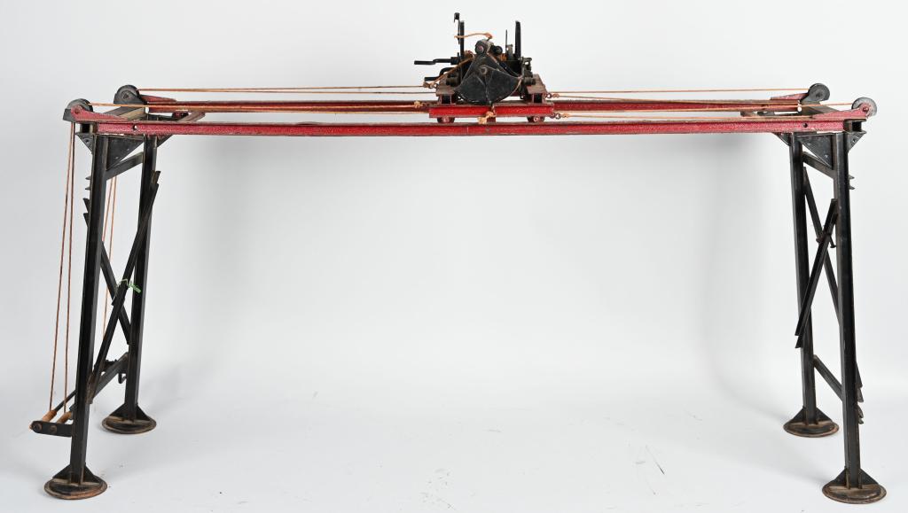 BUDDY L PRESSED STEEL OVERHEARD CRANE: Original Buddy L Overhead Crane. Still has decent original paint and decals. Complete with bucket. A very hard to find Buddy L toy. 44" Very Good