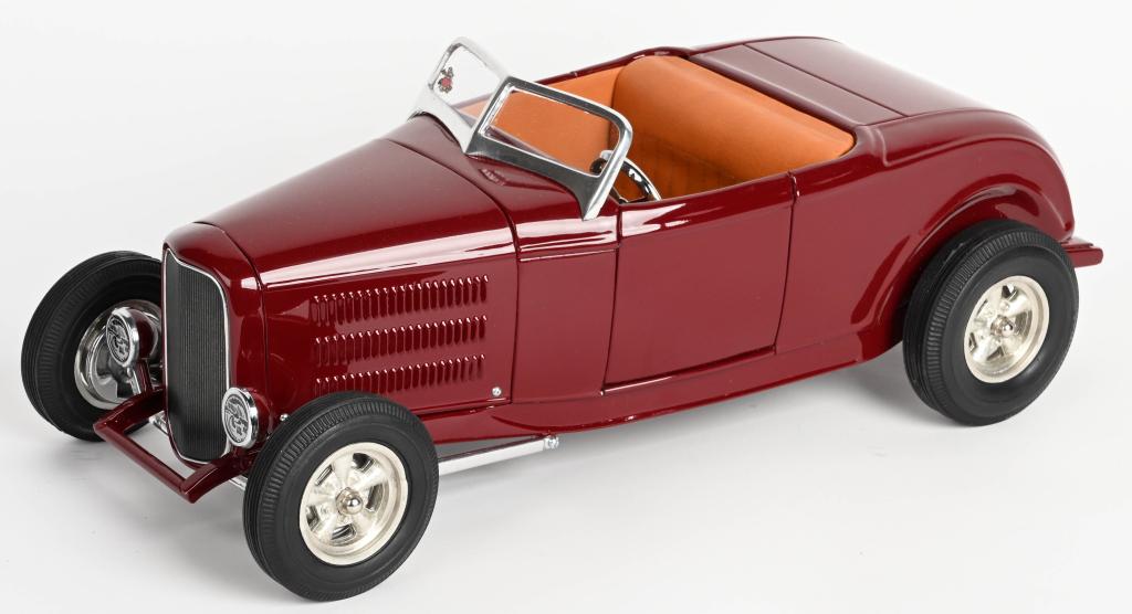 REAL STUFF INC. 1932 FORD HIGH BOY: Real Stuff Inc. pressed steel 1932 Ford High Boy. Very highly detailed with leather interior. Has Real Stuff Inc. logo on bottom of the car. A great looking Hot Rod. 18 1/2"