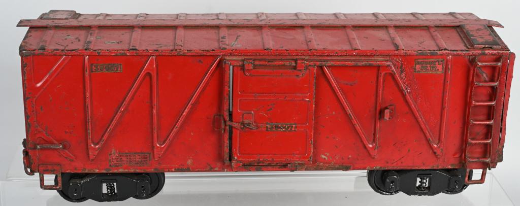 BUDDY L PRESSED STEEL RAILROAD BOX CAR: Original Buddy L Railroad Box Car. Original paint and decals. Missing 1 side door. 21" Very Good