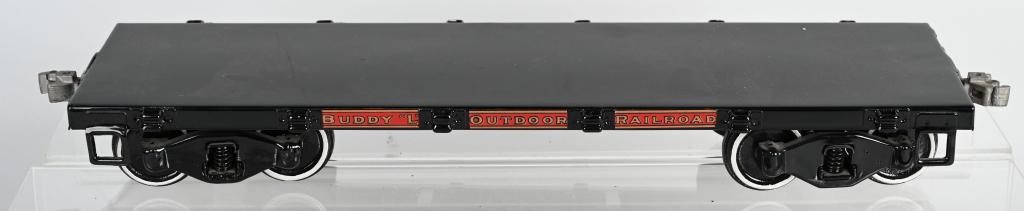BUDDY L PRESSED STEEL RAILROAD FLAT CAR: Professionally restored Buddy L Railroad Flat Car. Factory correct restoration. 21" Excellent