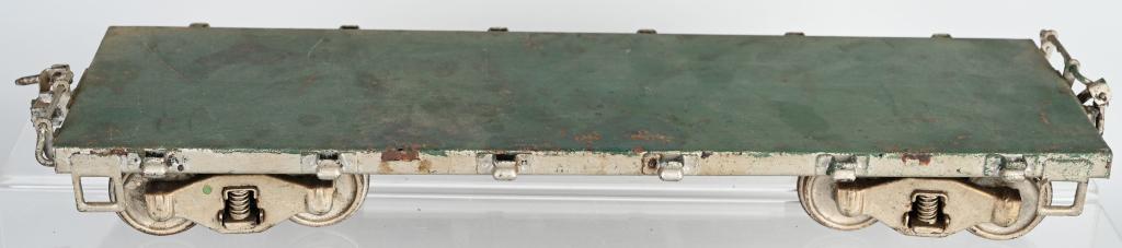 BUDDY L PRESSED STEEL RAILROAD FLAT CAR: Repainted Buddy L Railroad Flat Car. Older repaint of solid car. 21" Very Good