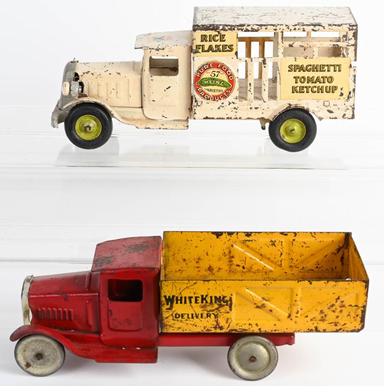 2- METALCRAFT TRUCKS: Pair of Metalcraft Trucks includes Heinz Pickle Truck and White King Deliver. Both original with wear. 12" Very Good