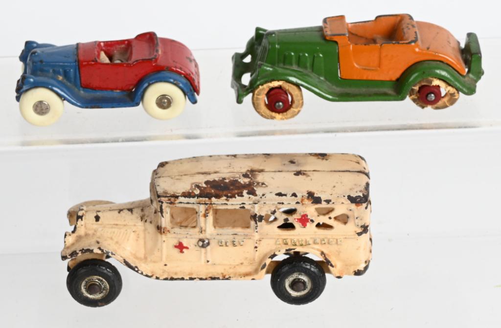 ARCADE AMBULANCE & 2 TAKE-A-PART CARS: Includes Arcade Ambulance and 2 Take-A-Part Cars. All original paint. Largest 6" Very Good-Excellent